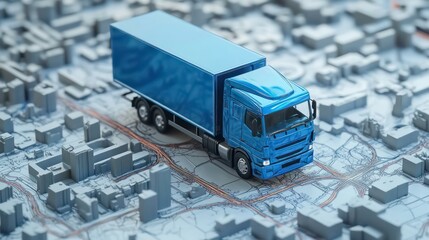 Poster - A blue toy truck sits on a miniature city map, representing delivery and transportation.