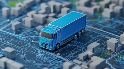 Poster - A blue truck drives through a city with a digital map underneath.
