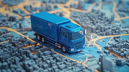 Poster - A blue delivery truck drives on a 3D city map, representing urban logistics and transportation.