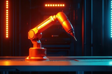 Poster - Industrial robotic arm with an orange and black design, illuminated by vibrant lights in a modern setting.