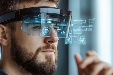 Poster - Man using augmented reality glasses, futuristic technology, interactive digital interface.