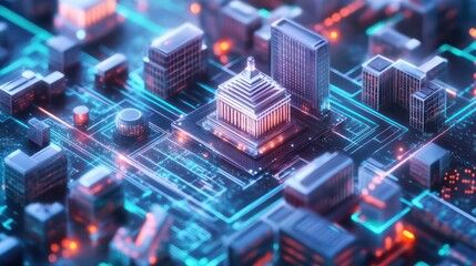 Poster - A futuristic city with buildings connected by glowing circuit boards.