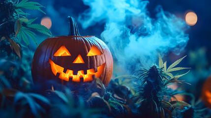 Wall Mural - Carved jack o lantern glowing among cannabis plants with blue smoke for a creepy halloween gathering