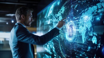 Fototapete - A businessman interacts with a large screen displaying a world map and data visualizations, representing global connectivity and data analysis.