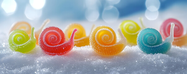 Colorful jelly candies in shape of snails on a sugar snowy background