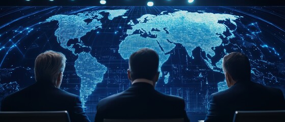 Poster - Three business professionals analyzing global data on a digital map display.