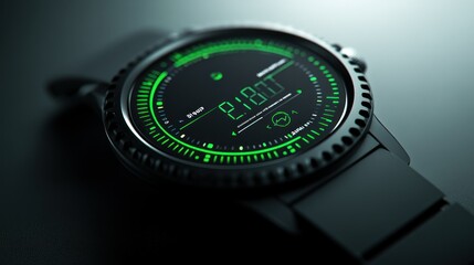 Close-up of a Black Smartwatch with Green Digital Display