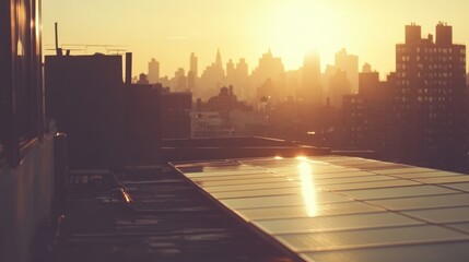 Poster - Rooftop View of City Skyline with Sun Glare