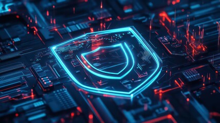 Leinwandbilder - A glowing blue shield icon sits on a circuit board, symbolizing digital security and protection.