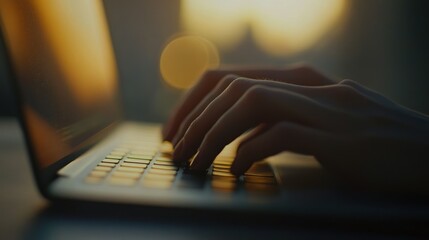 Poster - Close-up of Hands Typing on a Laptop Keyboard at Sunset