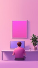 Wall Mural - Man Working at a Pink Desk with a Plant in a Pot.