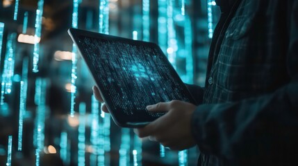 Aufkleber - A person holds a tablet with a glowing blue digital code on the screen against a background of blue digital code.