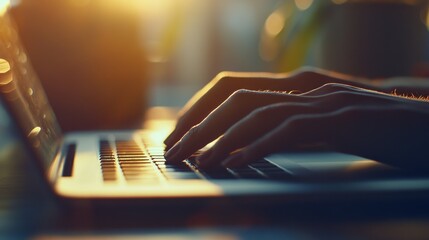 Poster - Close-up of Hands Typing on a Laptop Keyboard in Golden Sunlight