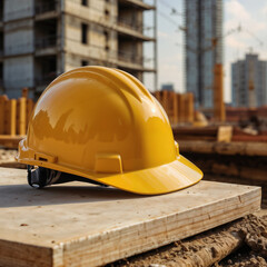 Wall Mural - yellow safety helmet on work table on blurred background of construction site, industrial background