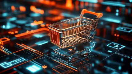 Poster - A chrome shopping cart sits on a glowing digital surface, symbolizing online shopping.