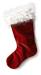 High-quality realistic Christmas stocking with red velvet body and white fur trim isolated on white background