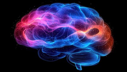 Poster - A colorful representation of a brain, showcasing vibrant electric patterns, symbolizing thought, creativity, and neural connections against a dark background.