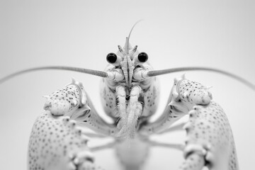 Close-Up of a White Lobster on a Minimalist Background, Highlighting Intricate Details and Unique Features in Black and White Photography.