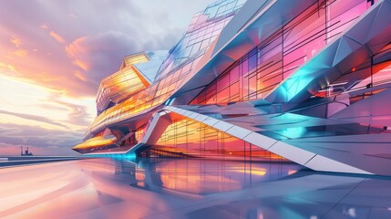 Wall Mural - futuristic glass building with geometric facade at sunset