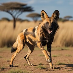 A lone African wild dog, also known as a painted dog. In a playful and energetic manner It represents happiness and freedom.