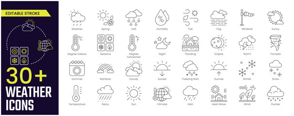 weather stroke icon collections. containing spring, hail, humidity, fall, fog, winter, snow, wind, r