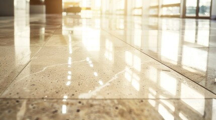 Poster - Polished marble tiles gleam in sunlight, creating a luxurious atmosphere. Clean and shiny, they reflect light beautifully, adding sophistication to the interior space