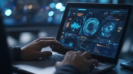 Fototapete - A man's hands are typing on a laptop with a futuristic interface. The laptop is open and the screen is displaying data and graphics. The background is a blurred city lights at night.