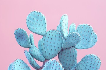 Vibrant Blue Cactus with Textured Pads against a Soft Pink Background - Ideal for Fresh, Colorful Design Projects and Nature-Inspired Themes