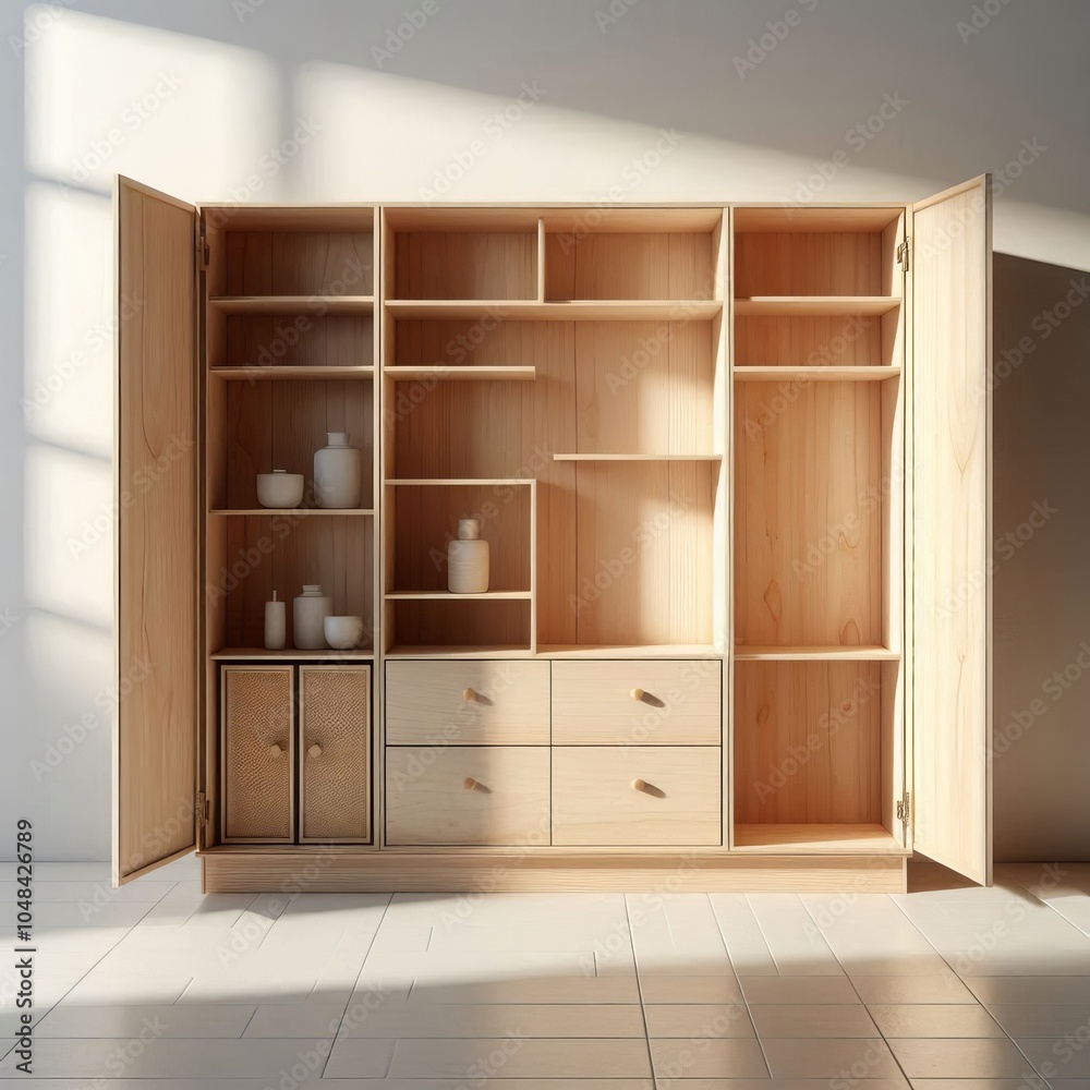 Wooden bookshelf with empty shelves in a room, interior design with ...
