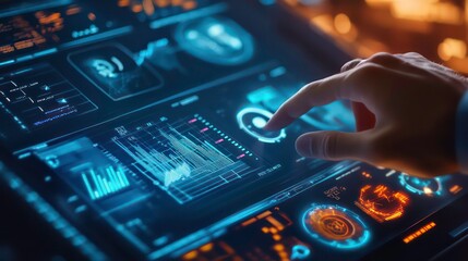 Aufkleber - A hand interacts with a futuristic digital interface filled with glowing data and charts.