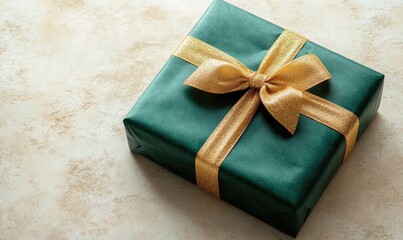 A green box with gold ribbon on top of it