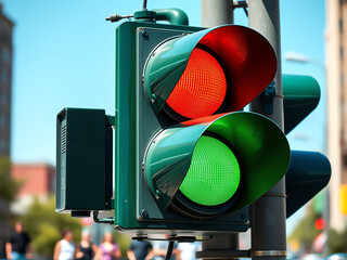 Traffic lights displaying red and green signals at a busy urban intersection on a sunny day with clear blue skies