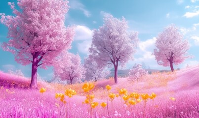 A field of pink flowers with a blue sky in the background