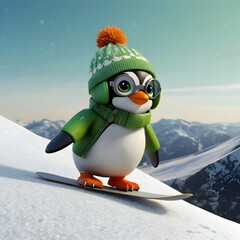 A chibi-inspired digital drawing of a round, big-eyed penguin wearing a green jacket, orange goggles, and a pompom hat. The penguin is snowboarding down a white, snowy slope with a simple, white backg