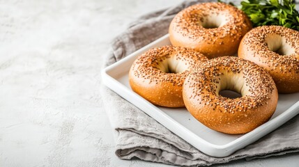 Poster - Close-up of four fresh baked sesame seed bagels on a white plate.