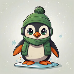 A chibi-inspired digital drawing of a round, big-eyed penguin wearing a green jacket, orange goggles, and a pompom hat. The penguin is snowboarding down a white, snowy slope with a simple, white backg