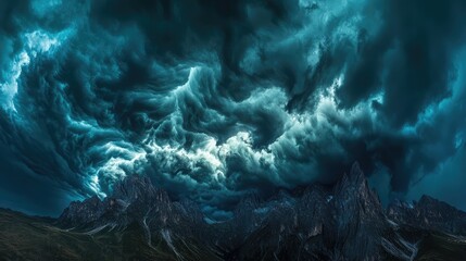 A stormy sky with dark clouds swirling over rugged mountain peaks, creating a dramatic and intense atmosphere