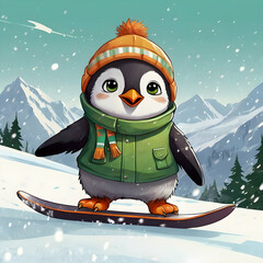 A chibi-inspired digital drawing of a round, big-eyed penguin wearing a green jacket, orange goggles, and a pompom hat. The penguin is snowboarding down a white, snowy slope with a simple, white backg