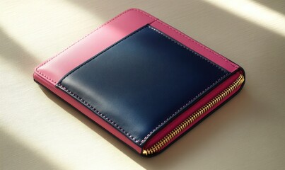 A pink and blue wallet with a zipper