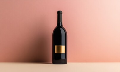 A bottle of wine is sitting on a pink background