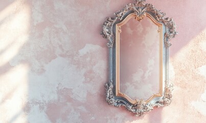 A mirror with a gold frame is hanging on a pink wall