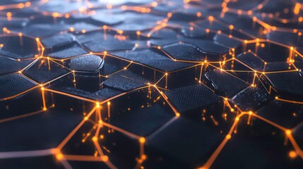 Fototapete - Abstract network of glowing lines and hexagonal shapes on a dark background.