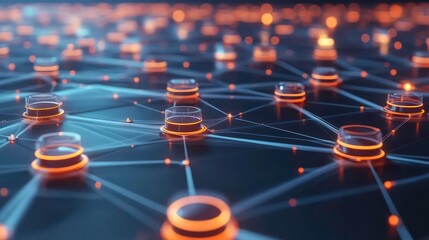 Fototapete - Abstract network of glowing nodes and lines representing connections and data flow.