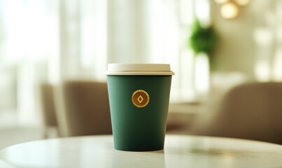 A green coffee cup with a gold logo sits on a table