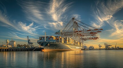Poster - Container Ship Docked at a Port with a Dramatic Sky