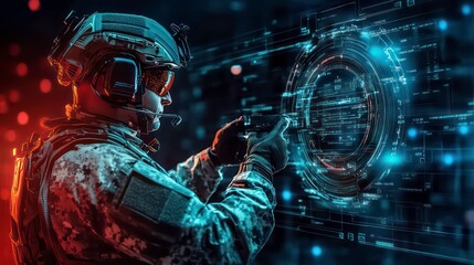 Aufkleber - A soldier in camouflage uniform and helmet, uses a digital interface with glowing blue and red lights, in a dark room.