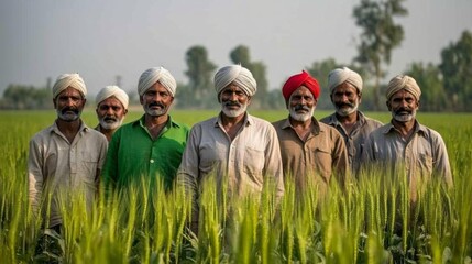 Poster - A group of men wearing turbans stand in a field of green grass