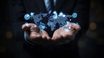 Aufkleber - A businessman holds a glowing world map in his hands, representing global connectivity and digital technology.