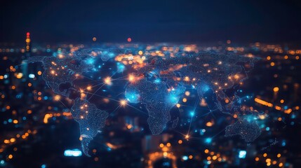 Poster - A digital world map overlayed on a blurred cityscape at night, showing interconnectedness and global communication.