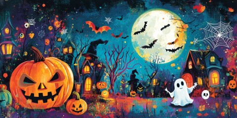 A colorful Halloween poster or banner with a big moon, a pumpkin ghost, a wizard hat, a cute ghost, a cartoon skull, a spider web, and other spooky elements.